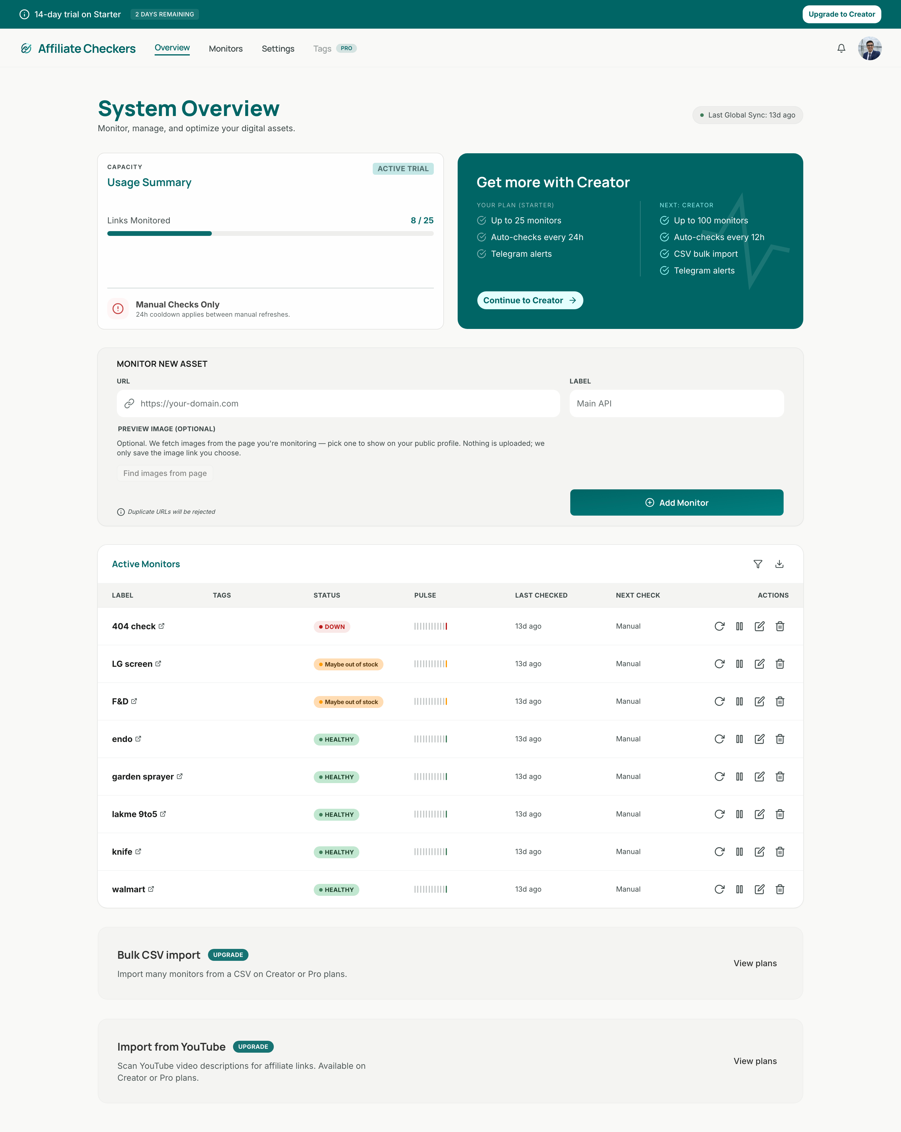 Affiliate Checkers dashboard for managing and monitoring affiliate links