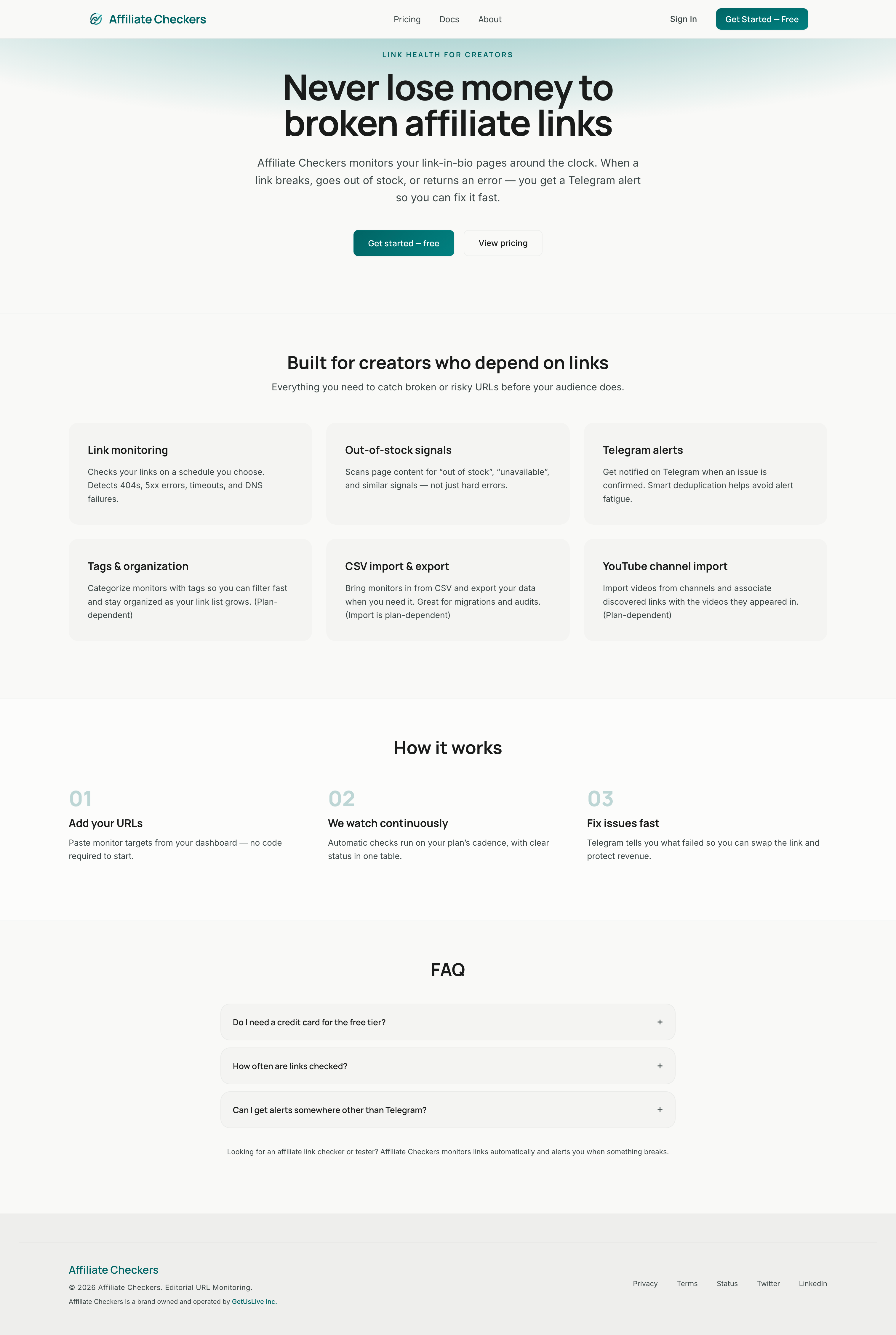 Affiliate Checkers homepage with hero, features, and how it works