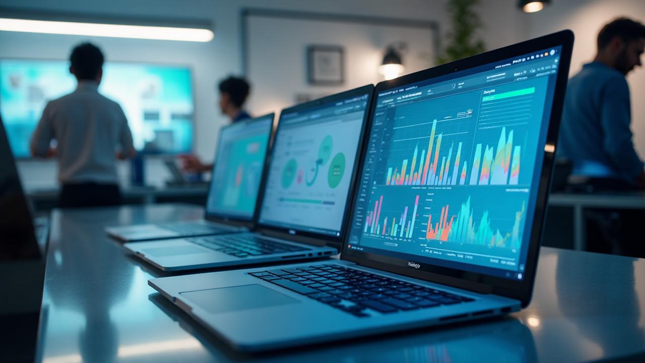 Modern workspace with analytics dashboards